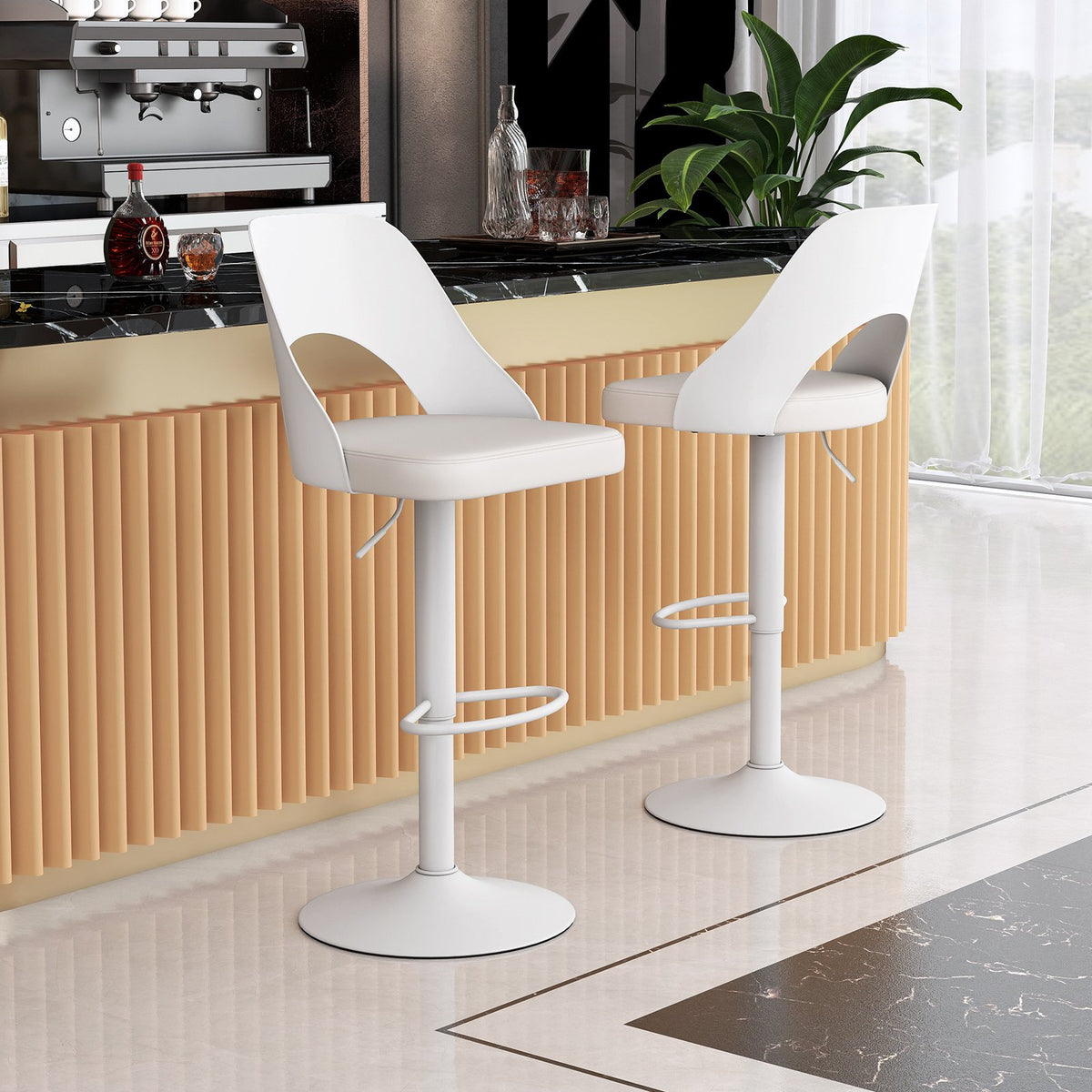 Bar Stools Set of 2 with Enlarged PU Leather Seat and Footrest-White view 3