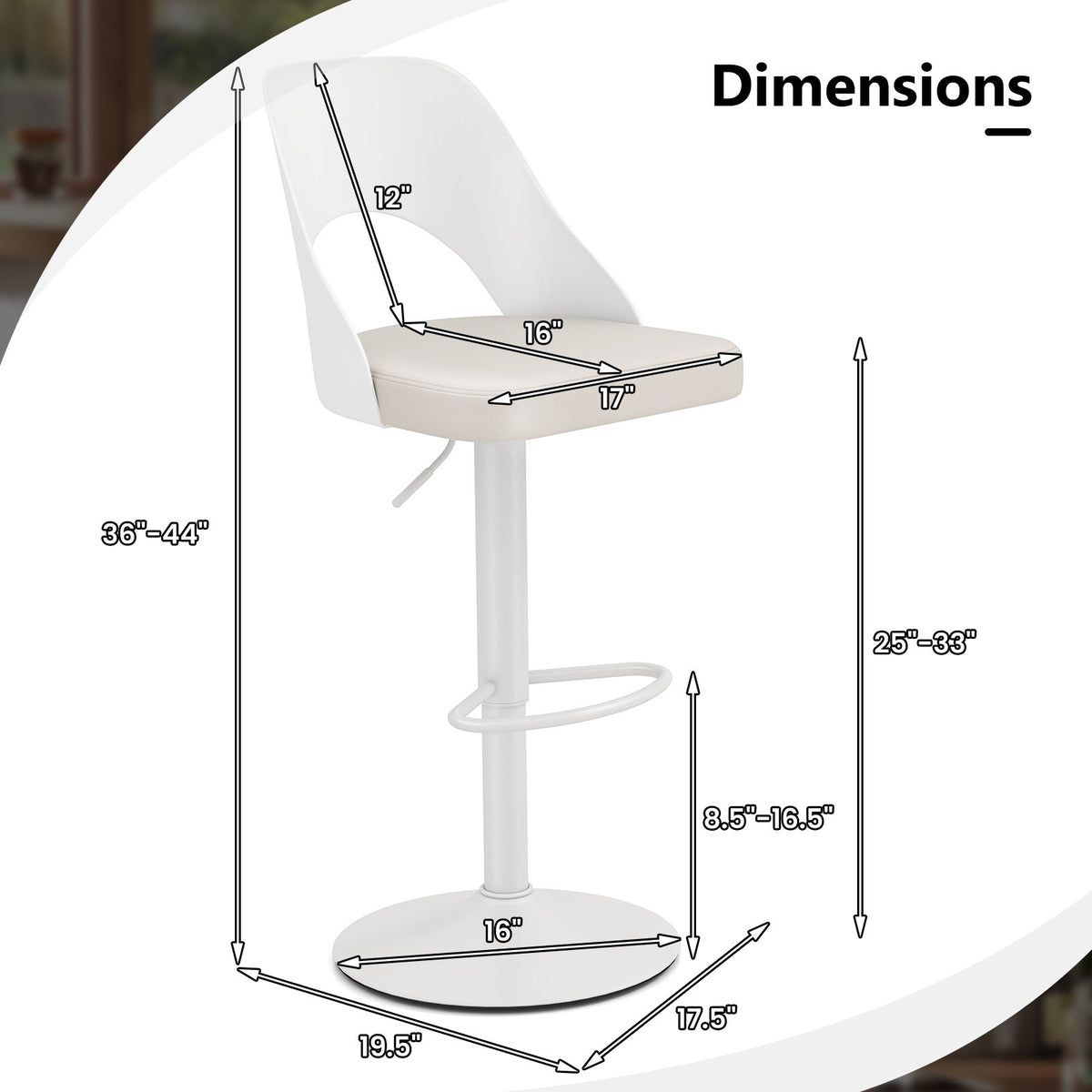 Bar Stools Set of 2 with Enlarged PU Leather Seat and Footrest-White view 4