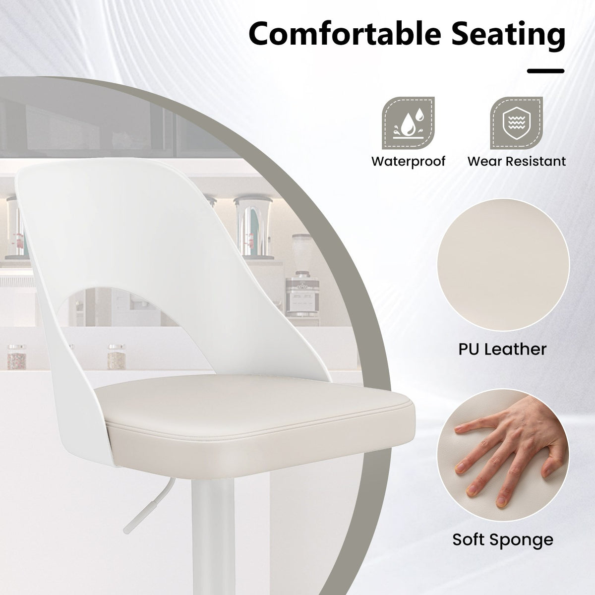 Bar Stools Set of 2 with Enlarged PU Leather Seat and Footrest-White view 8