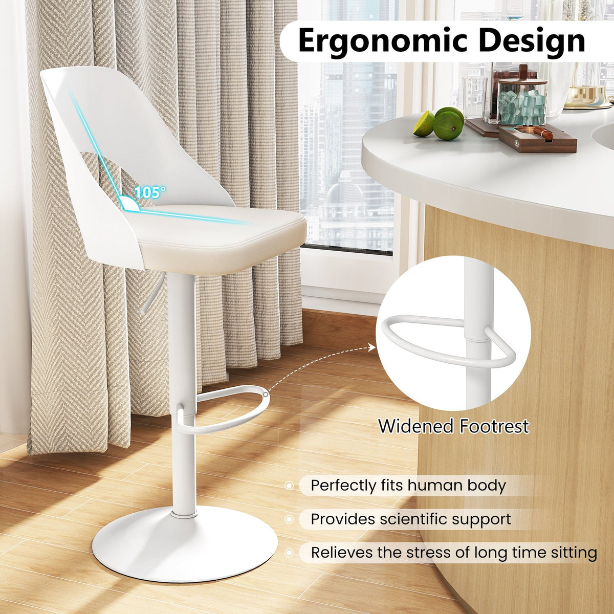Bar Stools Set of 2 with Enlarged PU Leather Seat and Footrest-White view 9