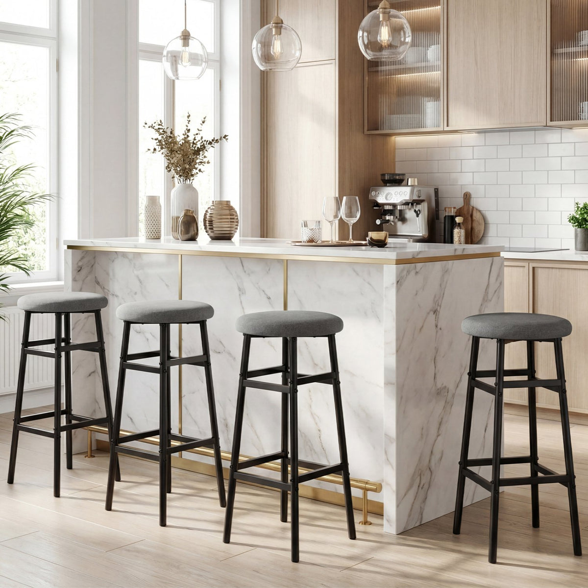 Bar Stools Set of 2 with Sturdy Metal Frame and Footrest-Gray view 3