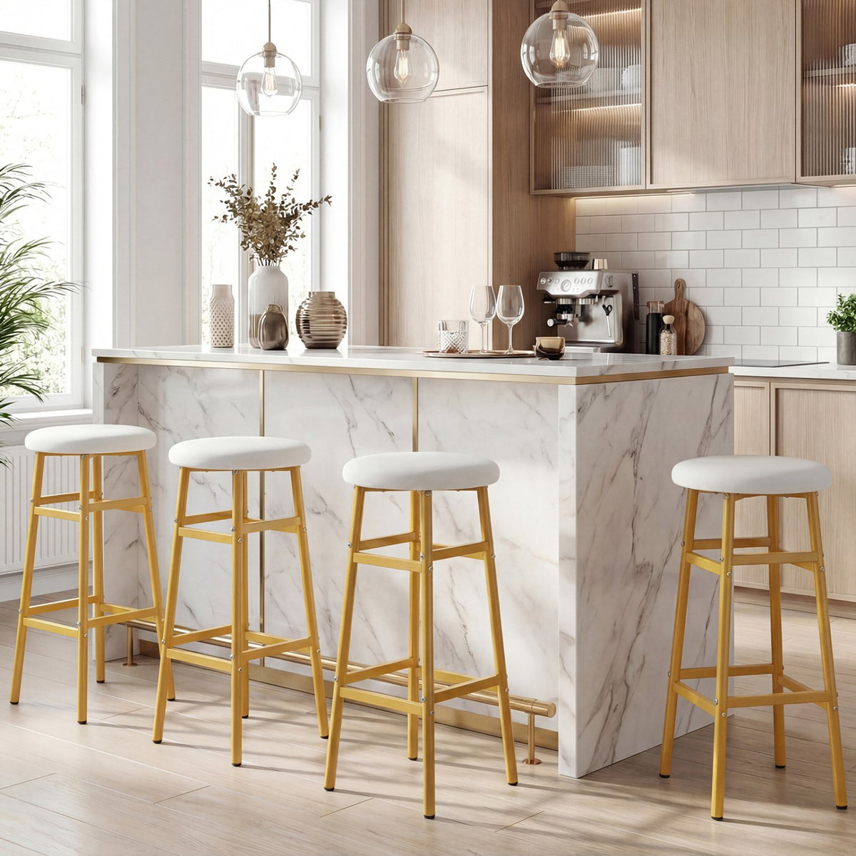 Bar Stools Set of 2 with Sturdy Metal Frame and Footrest-White view 3