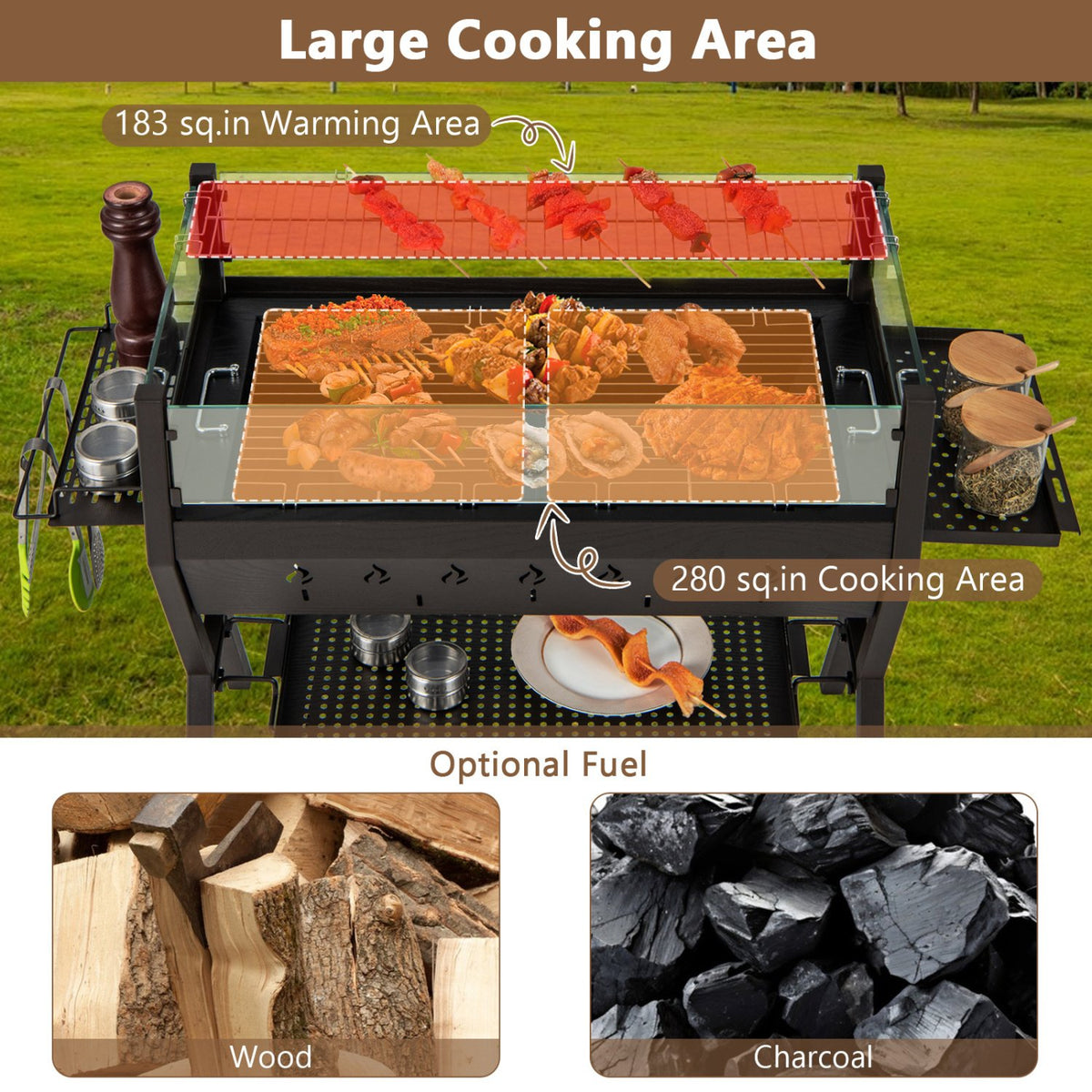 Barbecue Charcoal Grills with Wind Guard Seasoning Racks-Black view 7