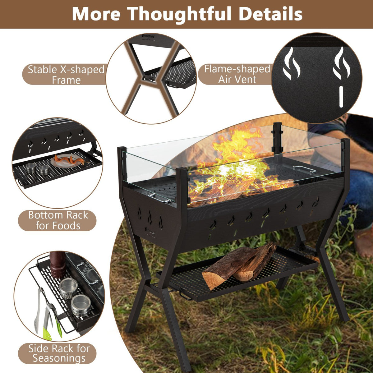 Barbecue Charcoal Grills with Wind Guard Seasoning Racks-Black view 9
