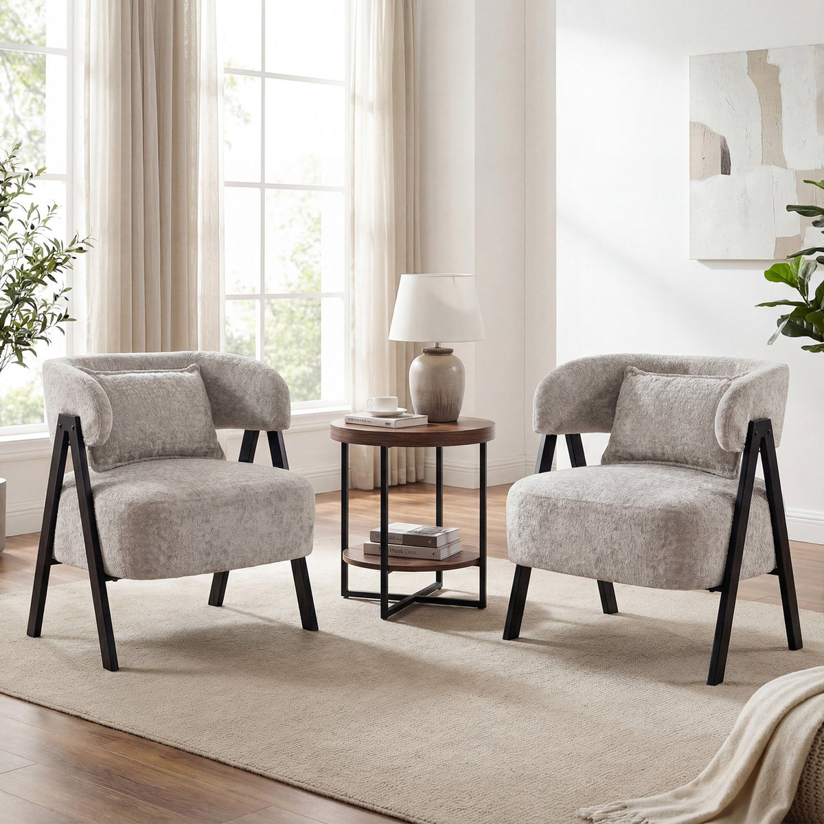Barrel Accent Chair Faux Rabbit Fur Upholstered Armchair-Gray view 6