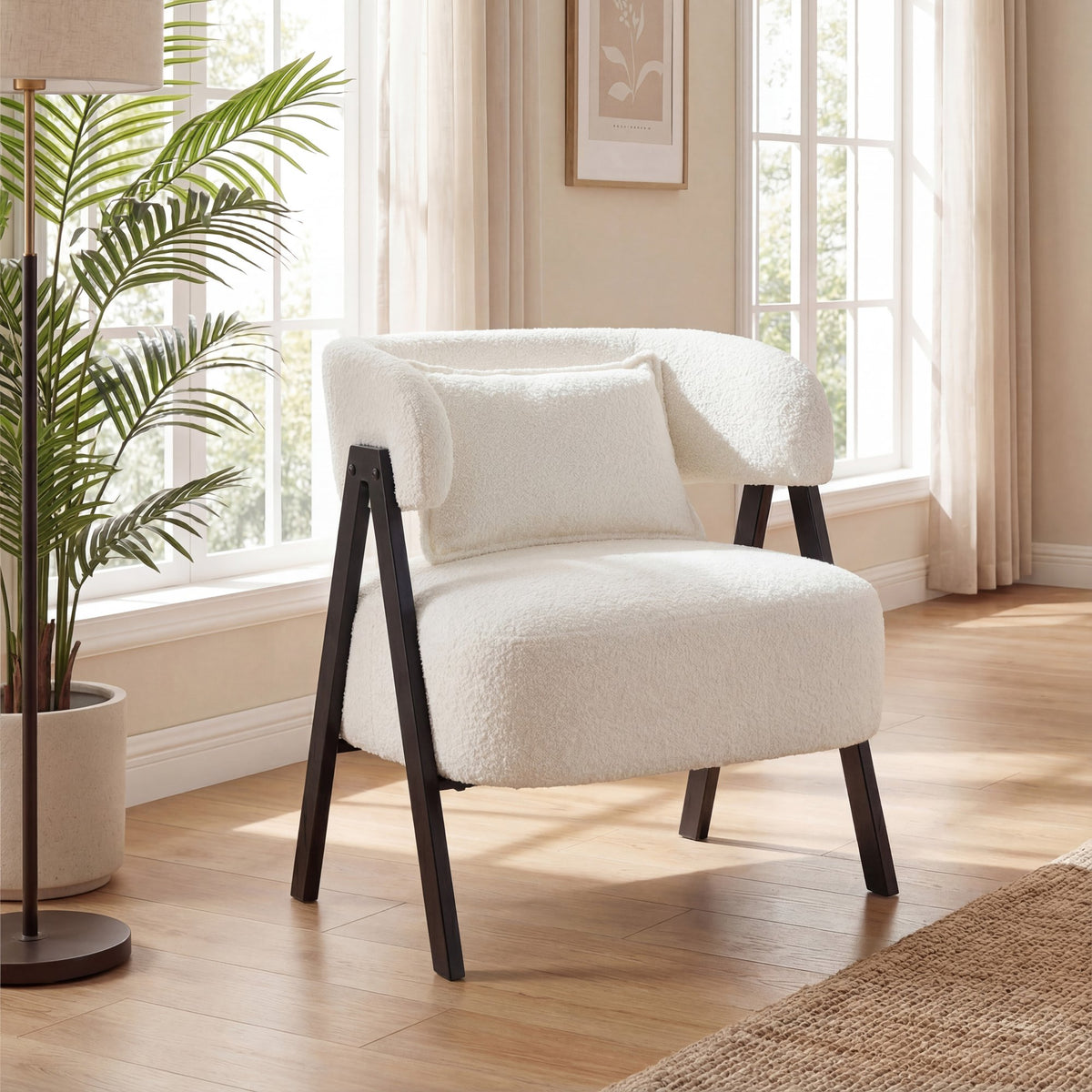 Barrel Accent Chair Faux Rabbit Fur Upholstered Armchair-White view 2
