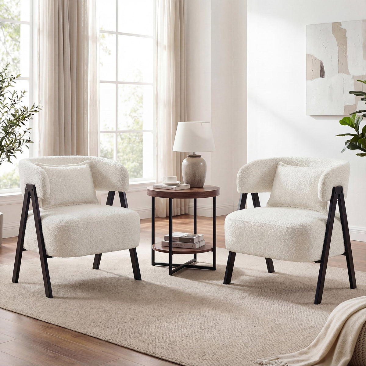 Barrel Accent Chair Faux Rabbit Fur Upholstered Armchair-White view 5