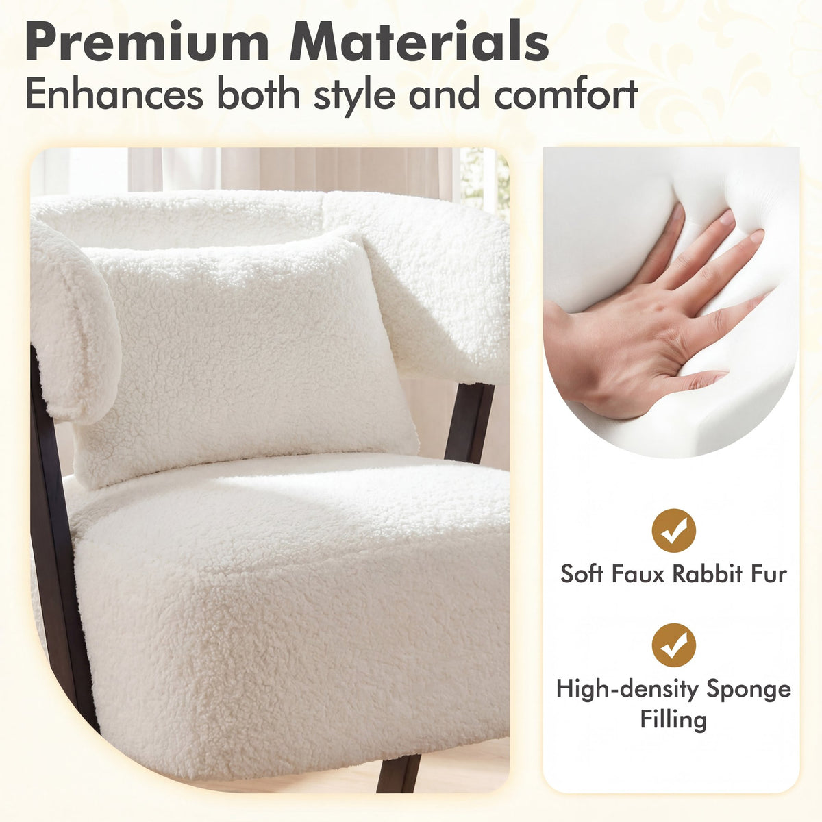 Barrel Accent Chair Faux Rabbit Fur Upholstered Armchair-White view 7