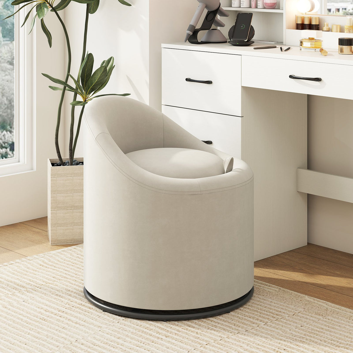 Barrel Chair with Storage 360° Swivel Upholstered Vanity Chair-Beige view 2