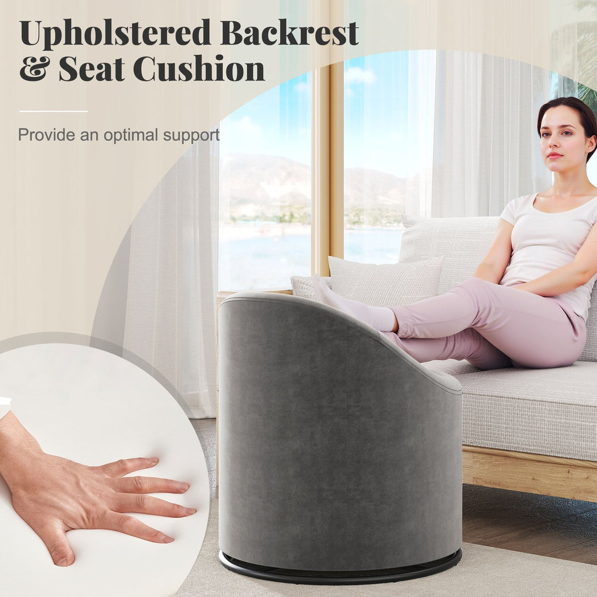 Barrel Chair with Storage 360° Swivel Upholstered Vanity Chair-Gray view 8