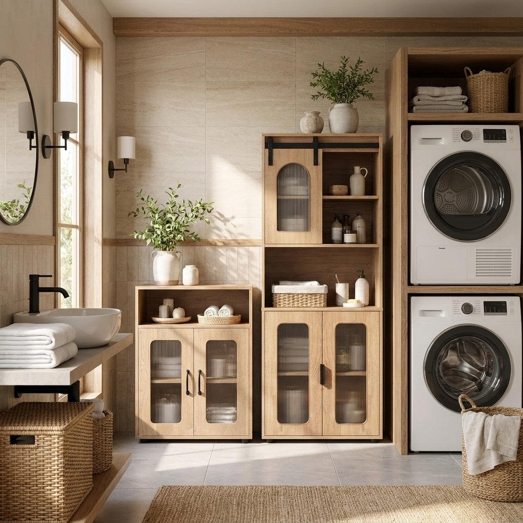 Bathroom Cabinet Set with 59 Inch Tall Cabinet and 2-Door Floor Cabinet-Natural view 2