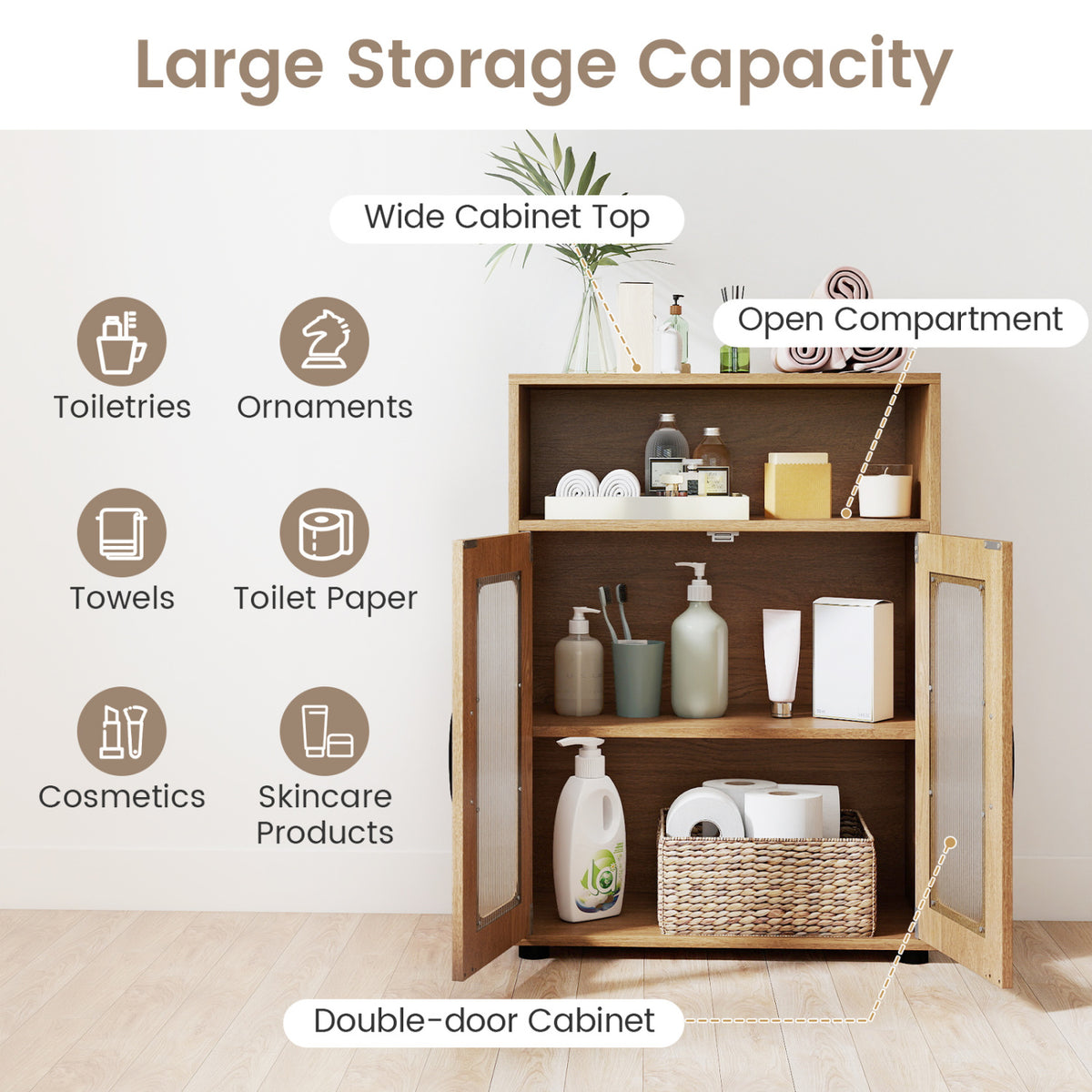 Bathroom Cabinet Set with 59 Inch Tall Cabinet and 2-Door Floor Cabinet-Natural view 6