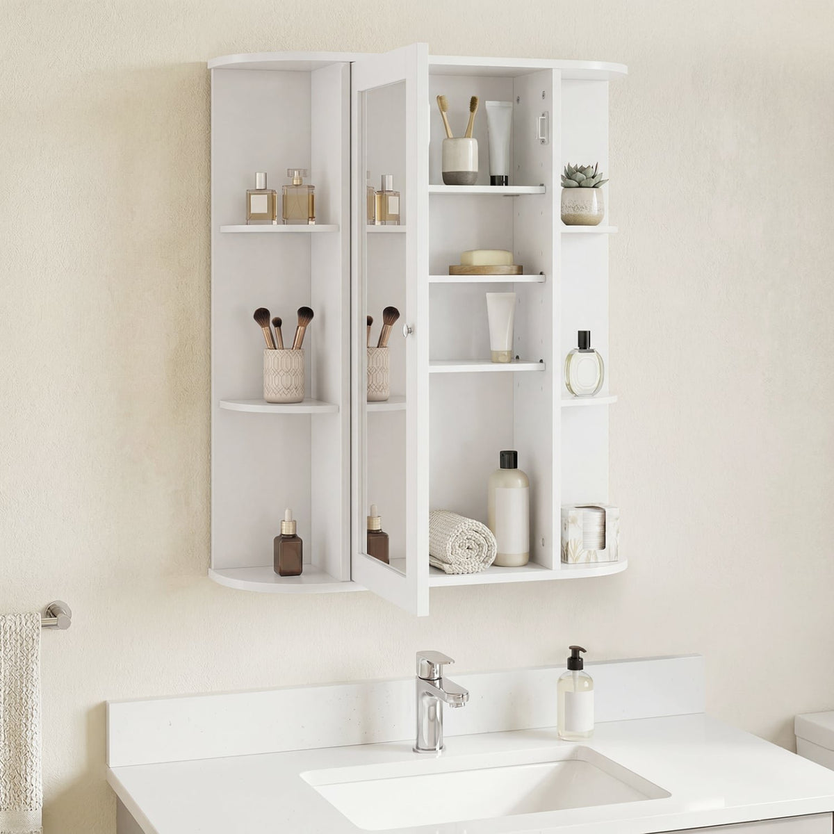 Mirrored Bathroom Medicine Cabinet with Single Mirror Door and Adjustable Shelf-White view 3