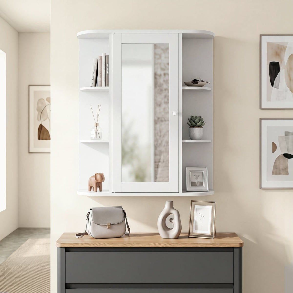 Mirrored Bathroom Medicine Cabinet with Single Mirror Door and Adjustable Shelf-White view 6