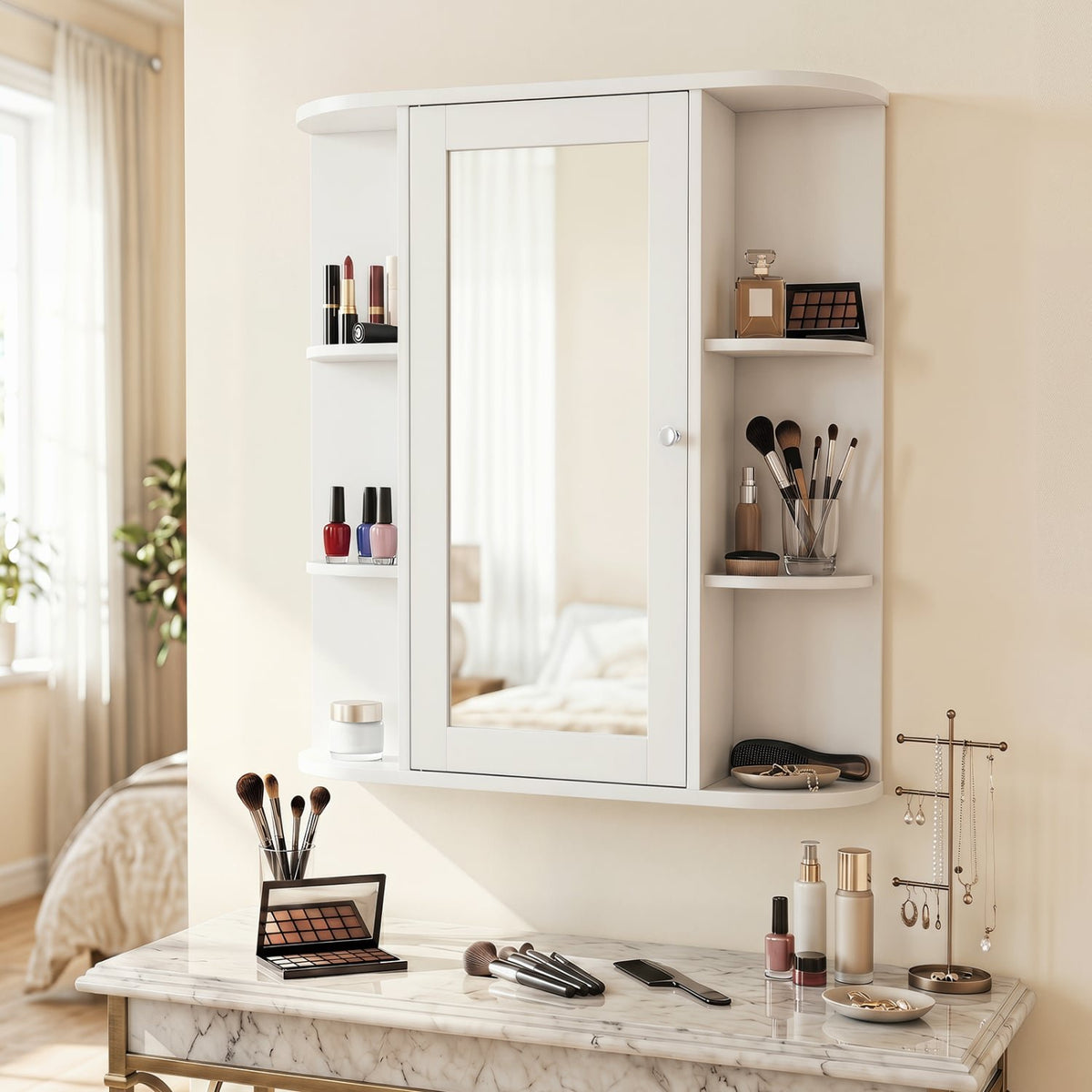 Mirrored Bathroom Medicine Cabinet with Single Mirror Door and Adjustable Shelf-White view 7