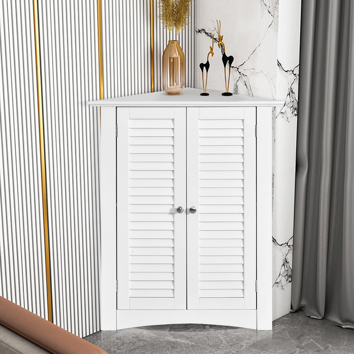 Bathroom Corner Storage Freestanding Floor Cabinet with Shutter Door-White view 2