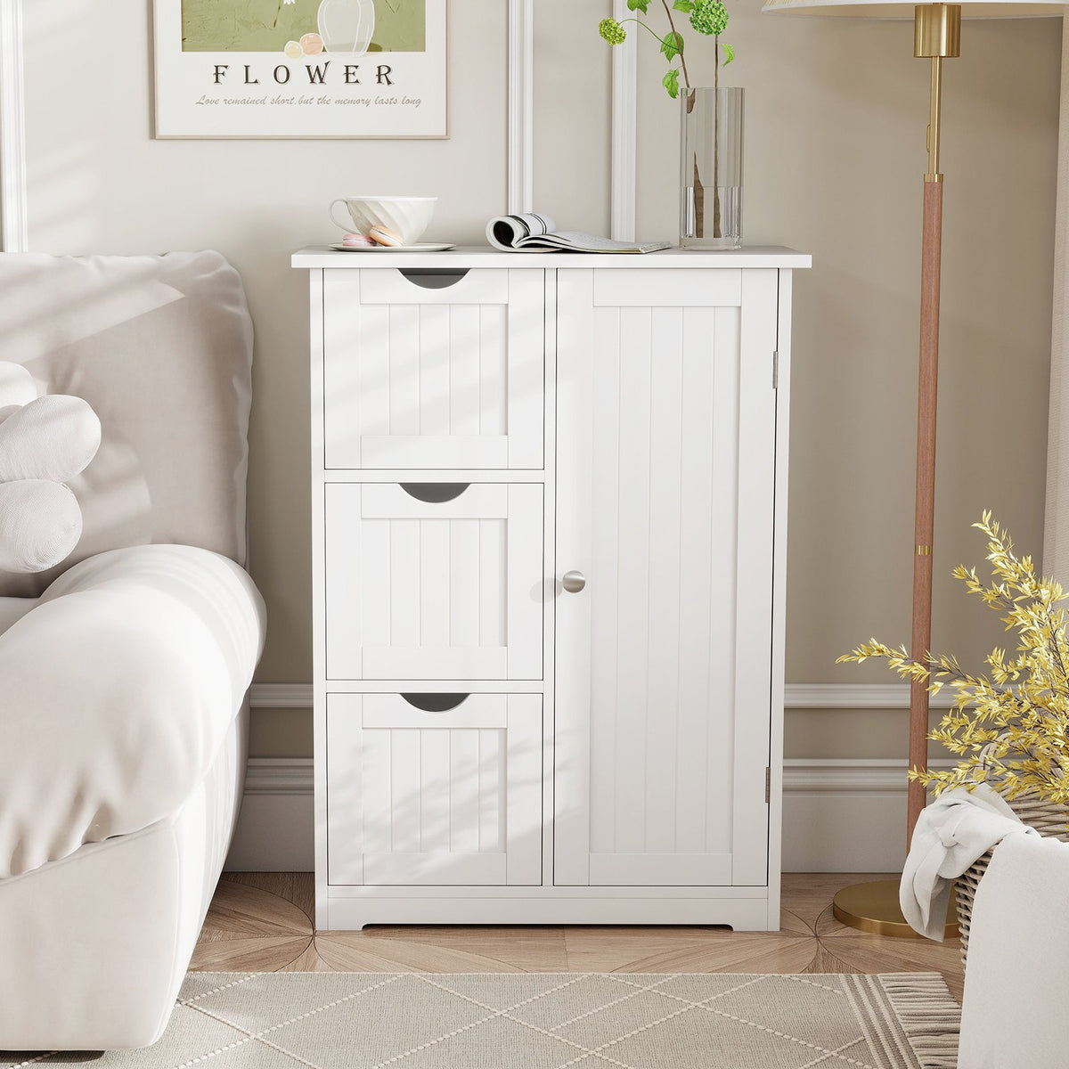 Bathroom Floor Cabinet Side Storage Cabinet with 3 Drawers and 1 Cupboard-White view 2