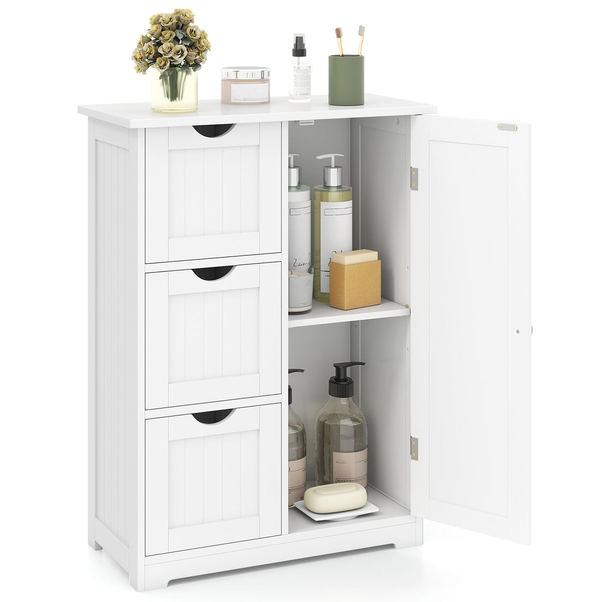 Bathroom Floor Cabinet Side Storage Cabinet with 3 Drawers and 1 Cupboard-White view 4