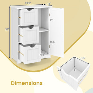 Bathroom Floor Cabinet Side Storage Cabinet with 3 Drawers and 1 Cupboard-White view 5