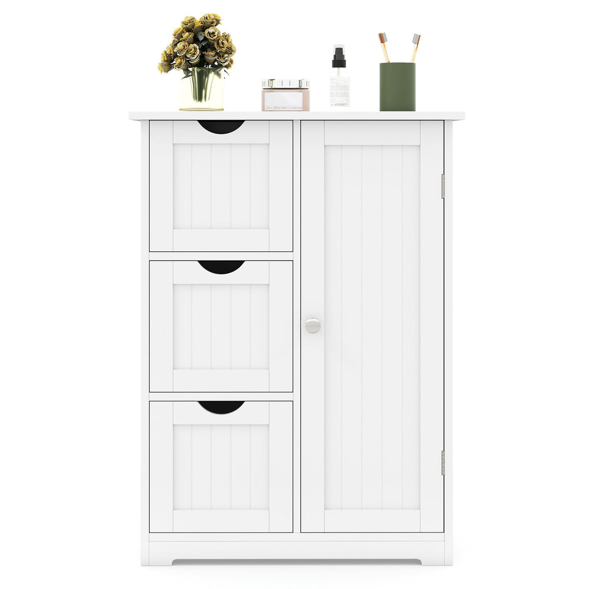 Bathroom Floor Cabinet Side Storage Cabinet with 3 Drawers and 1 Cupboard-White view 6