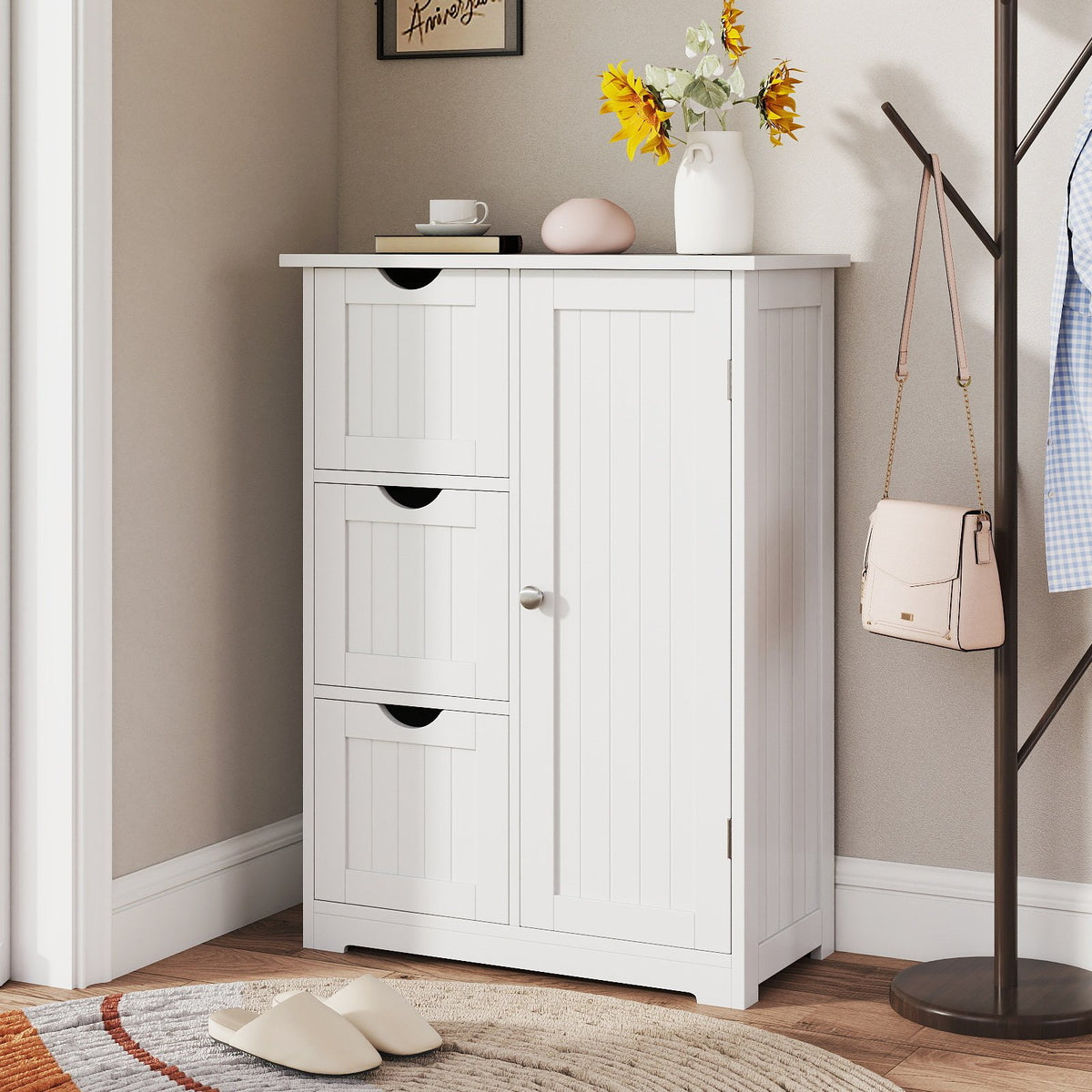 Bathroom Floor Cabinet Side Storage Cabinet with 3 Drawers and 1 Cupboard-White view 8