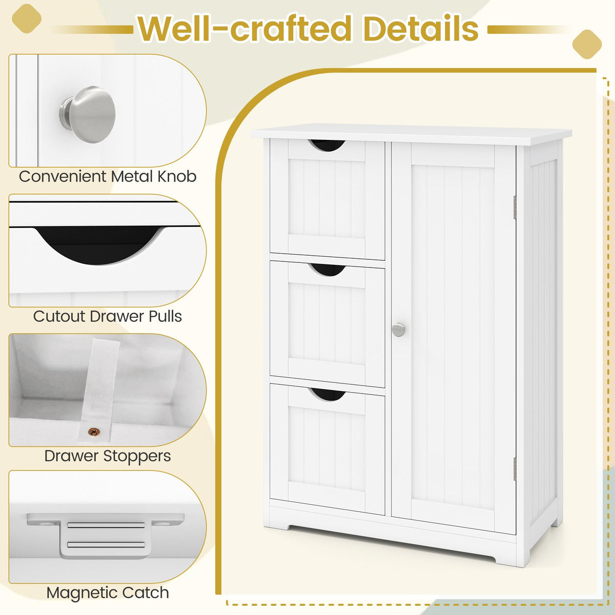 Bathroom Floor Cabinet Side Storage Cabinet with 3 Drawers and 1 Cupboard-White view 9
