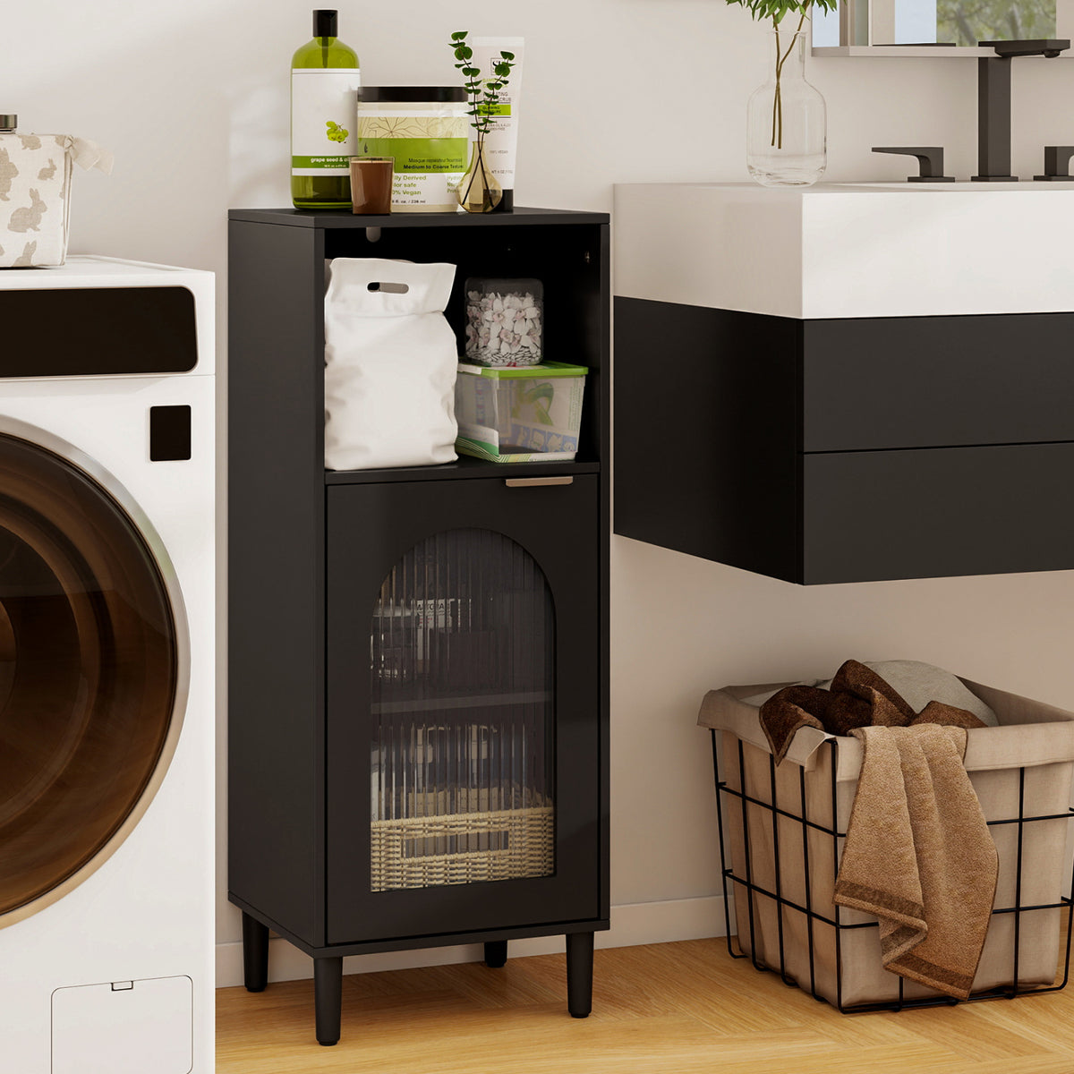 Bathroom Floor Cabinet Wood Side Storage Organizer with Adjustable Shelf-Black view 2