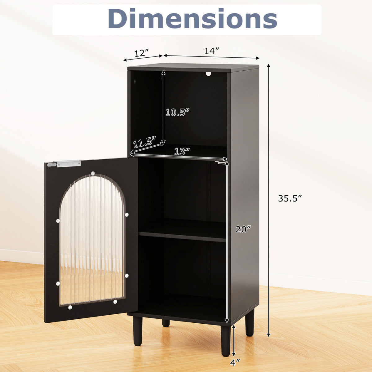 Bathroom Floor Cabinet Wood Side Storage Organizer with Adjustable Shelf-Black view 5