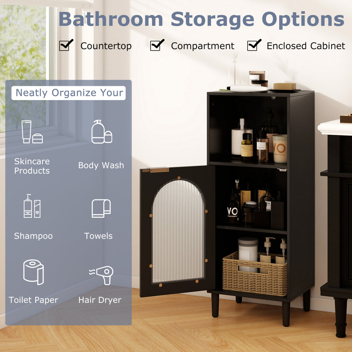 Bathroom Floor Cabinet Wood Side Storage Organizer with Adjustable Shelf-Black view 6