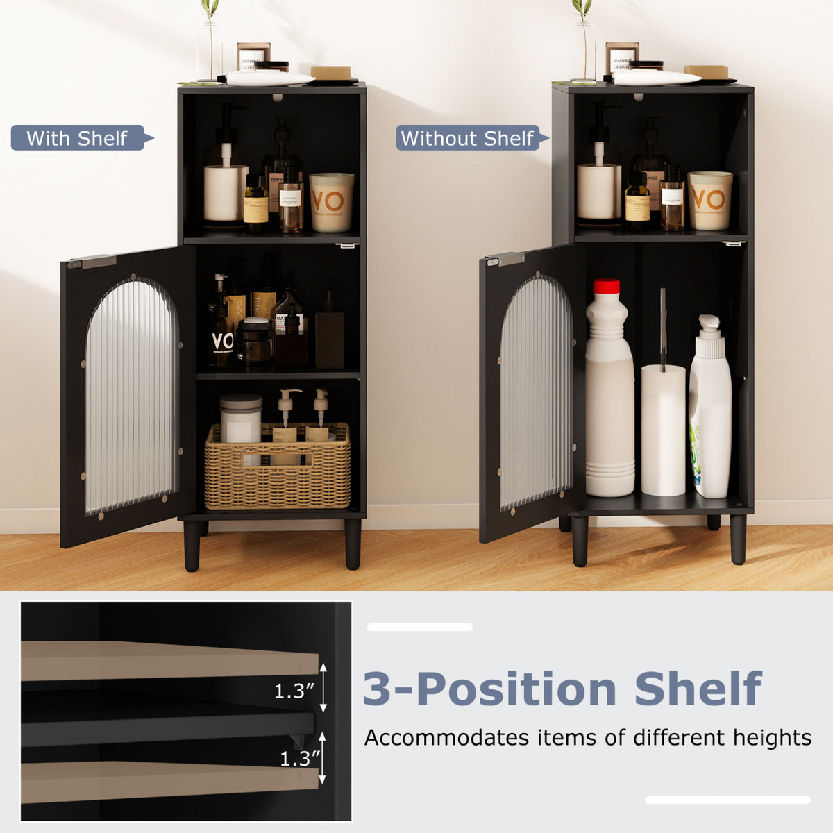 Bathroom Floor Cabinet Wood Side Storage Organizer with Adjustable Shelf-Black view 7
