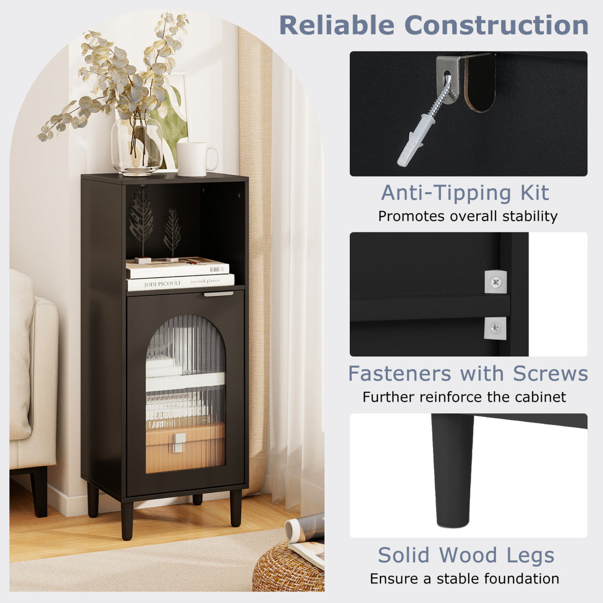 Bathroom Floor Cabinet Wood Side Storage Organizer with Adjustable Shelf-Black view 9