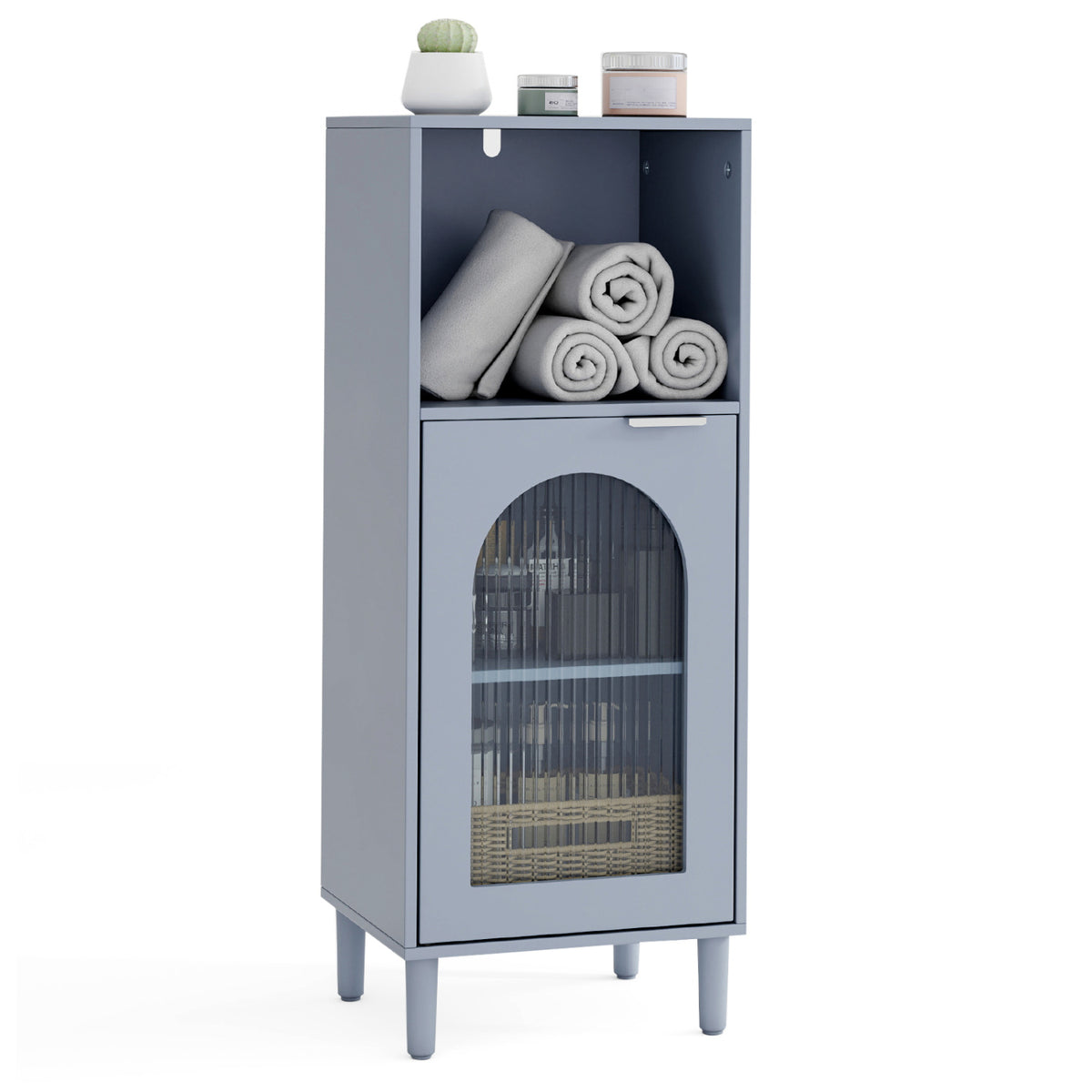 Bathroom Floor Cabinet Wood Side Storage Organizer with Adjustable Shelf-Gray