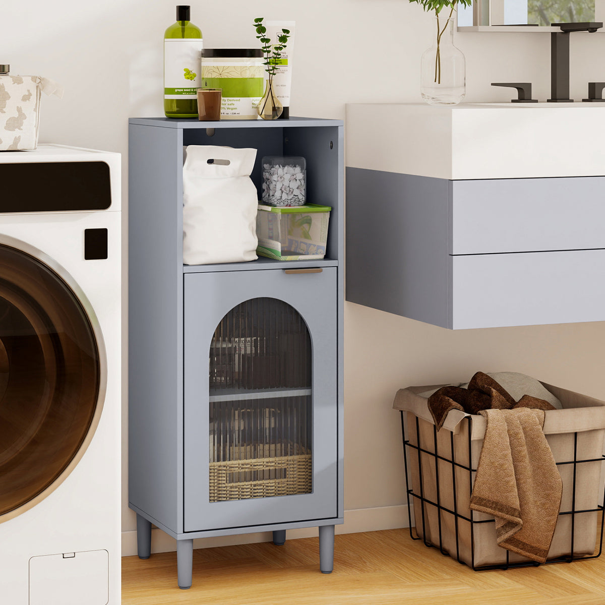 Bathroom Floor Cabinet Wood Side Storage Organizer with Adjustable Shelf-Gray view 2