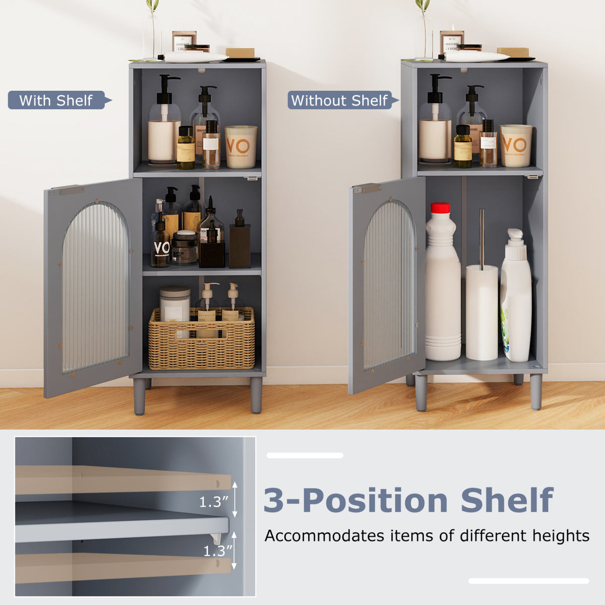 Bathroom Floor Cabinet Wood Side Storage Organizer with Adjustable Shelf-Gray view 7