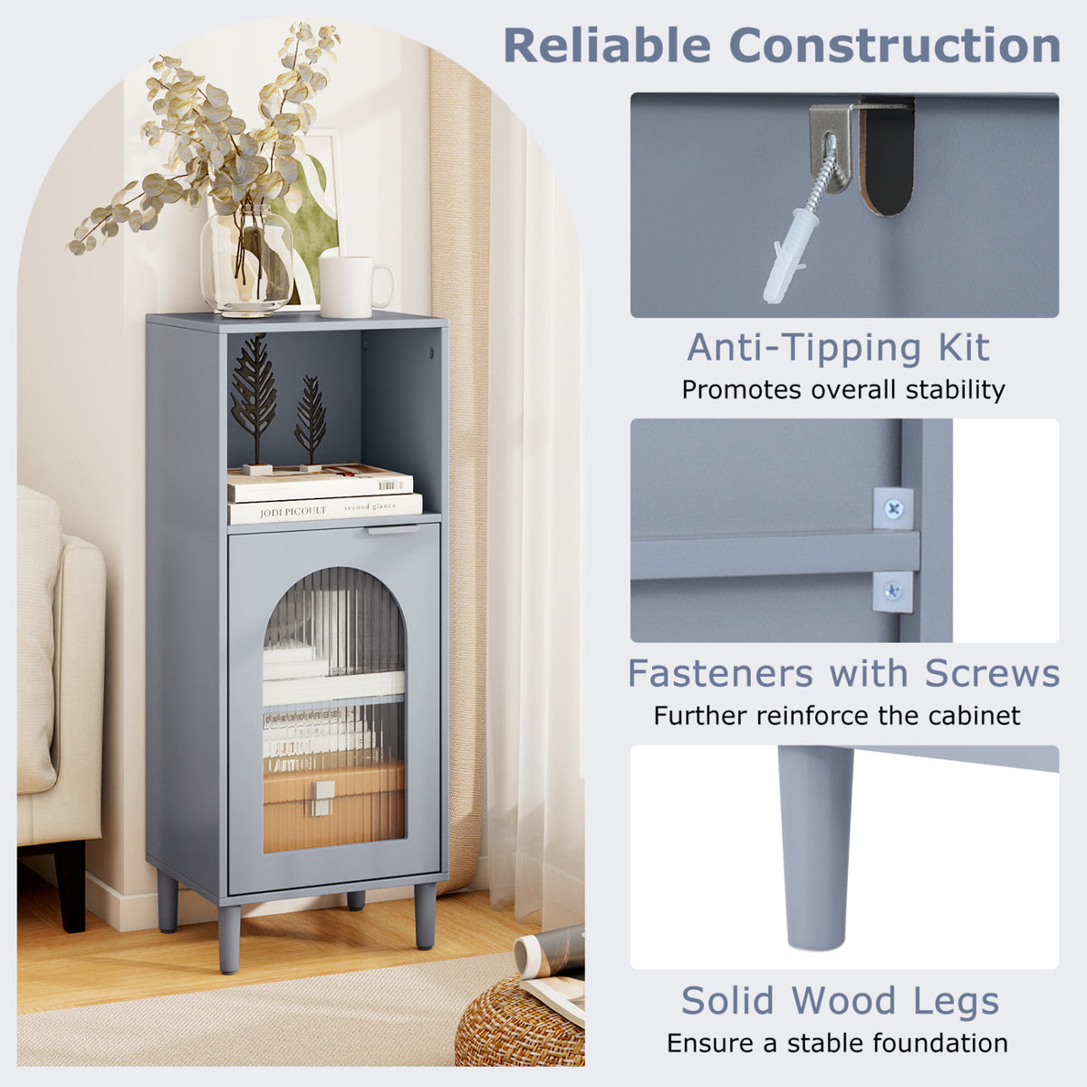 Bathroom Floor Cabinet Wood Side Storage Organizer with Adjustable Shelf-Gray view 9