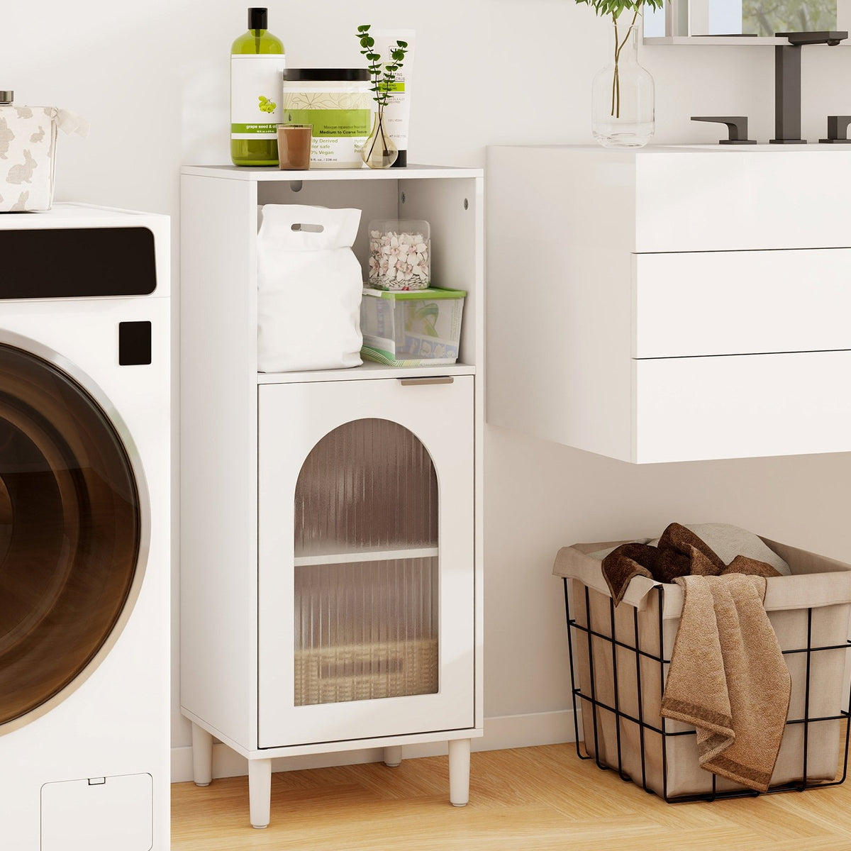 Bathroom Floor Cabinet Wood Side Storage Organizer with Adjustable Shelf-White view 2