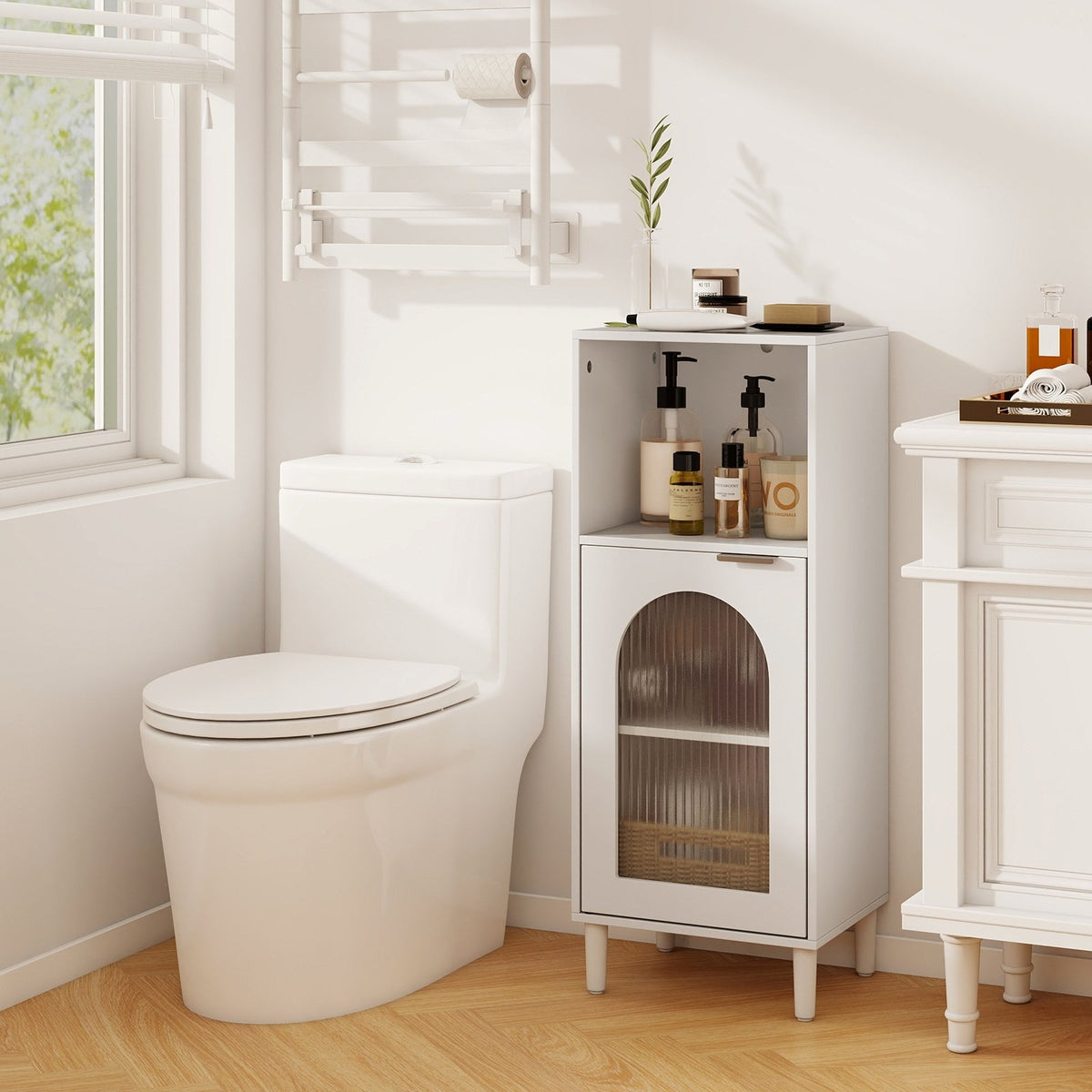Bathroom Floor Cabinet Wood Side Storage Organizer with Adjustable Shelf-White view 3