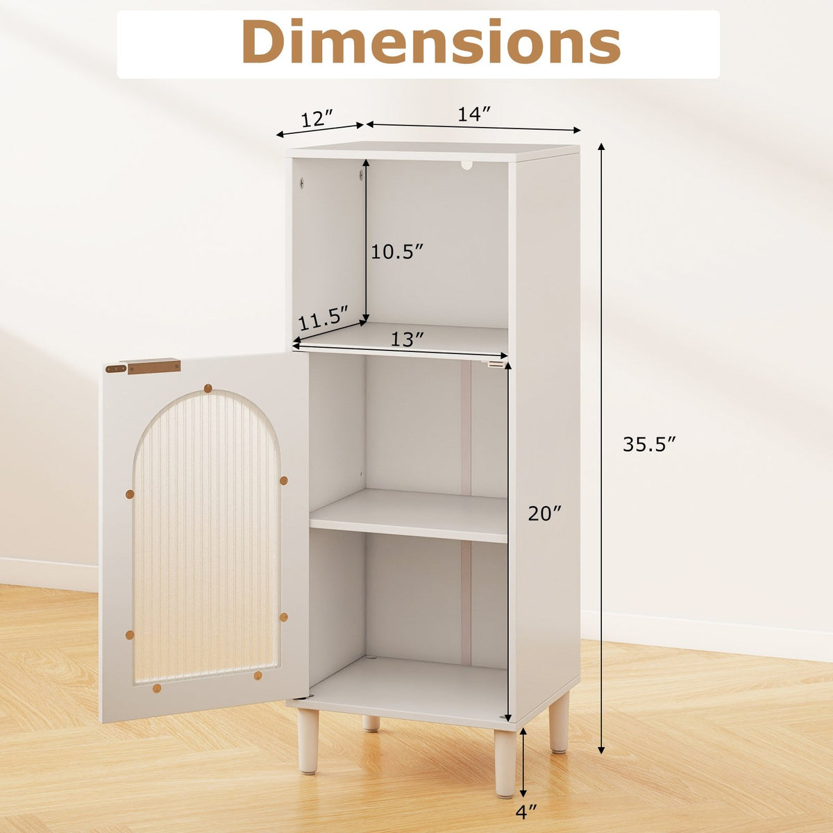 Bathroom Floor Cabinet Wood Side Storage Organizer with Adjustable Shelf-White view 5