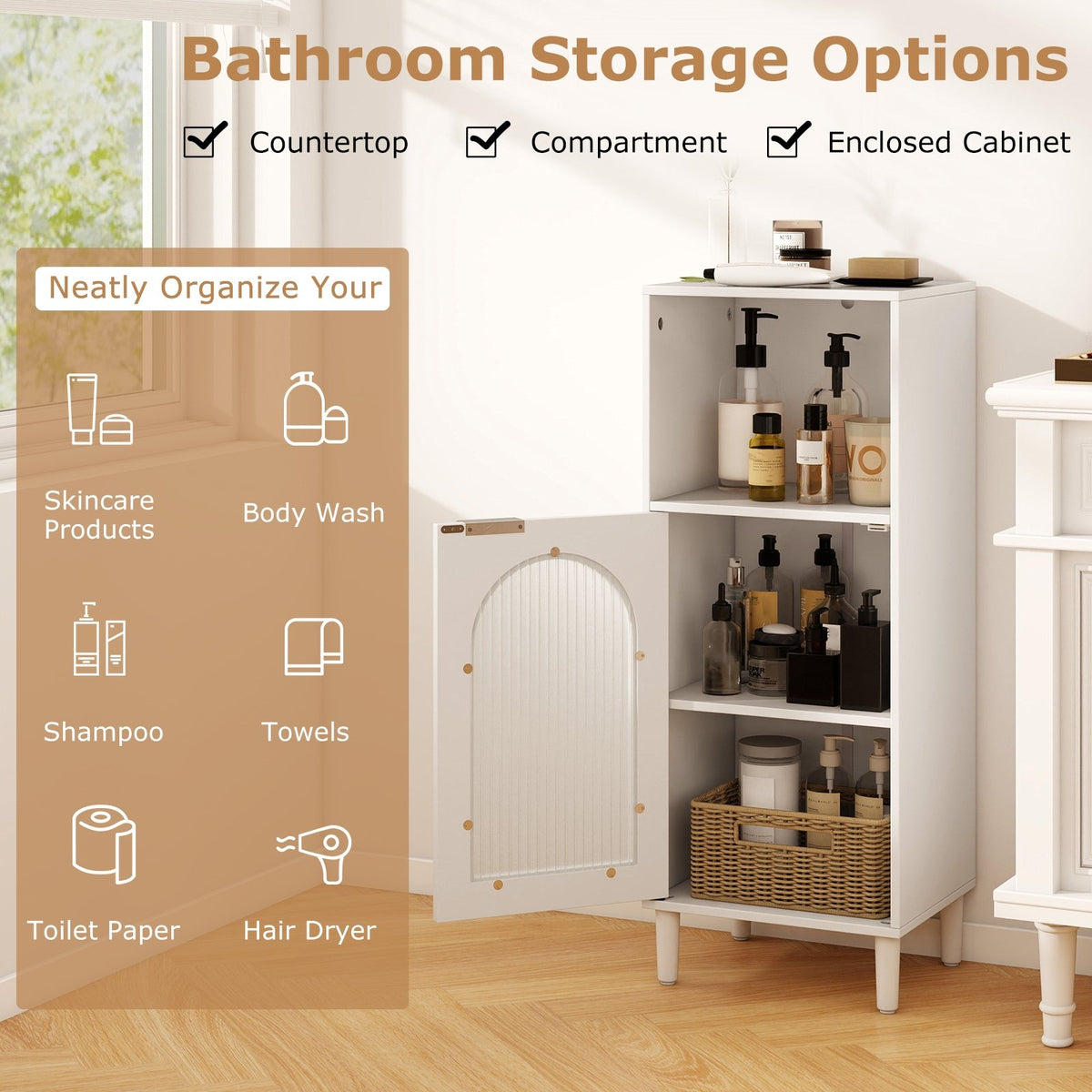 Bathroom Floor Cabinet Wood Side Storage Organizer with Adjustable Shelf-White view 6
