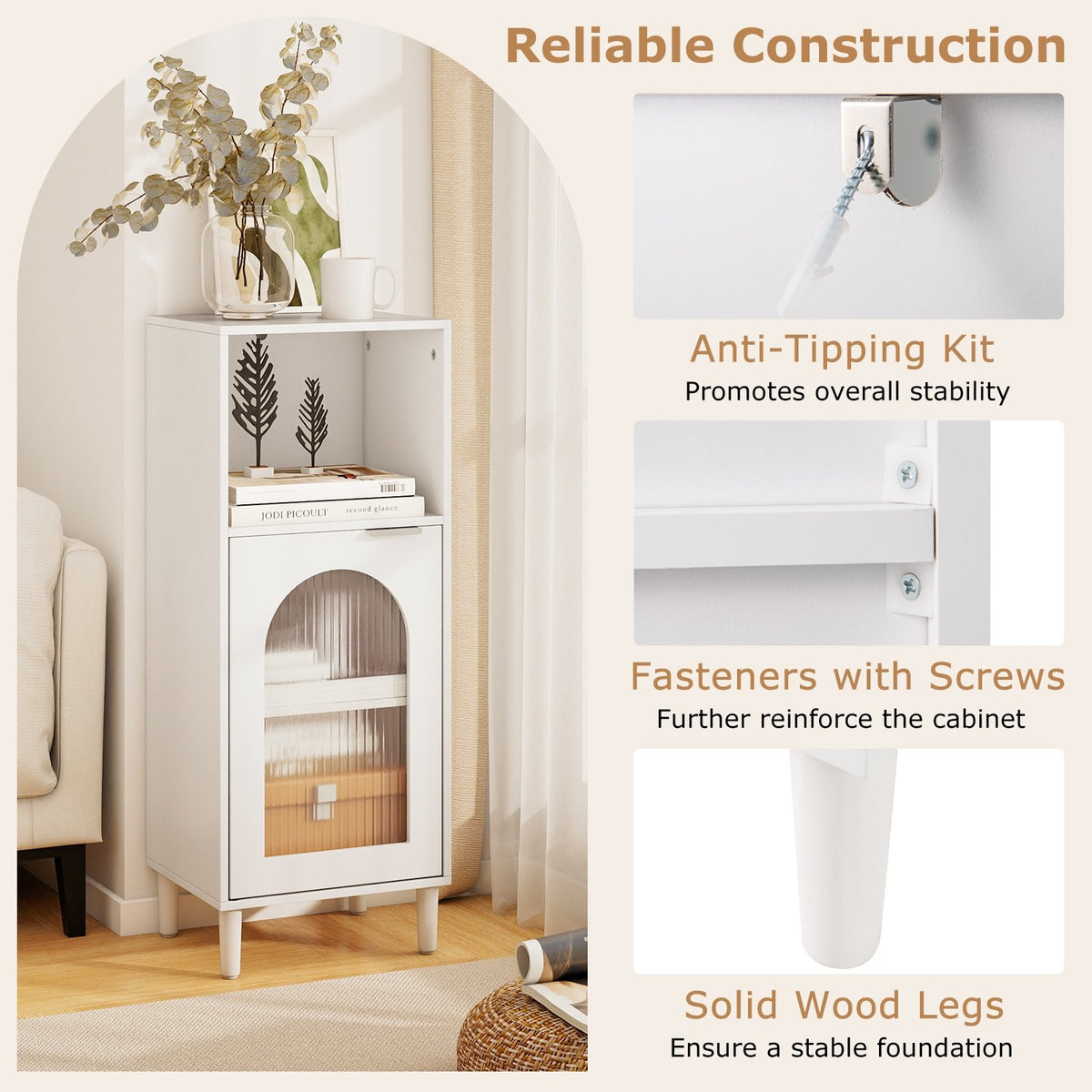 Bathroom Floor Cabinet Wood Side Storage Organizer with Adjustable Shelf-White view 9