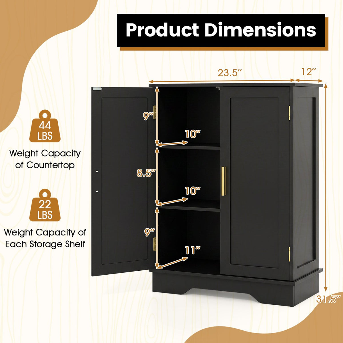 Bathroom Floor Storage Cabinet with 2 Doors and Adjustable Shelves-Black view 5
