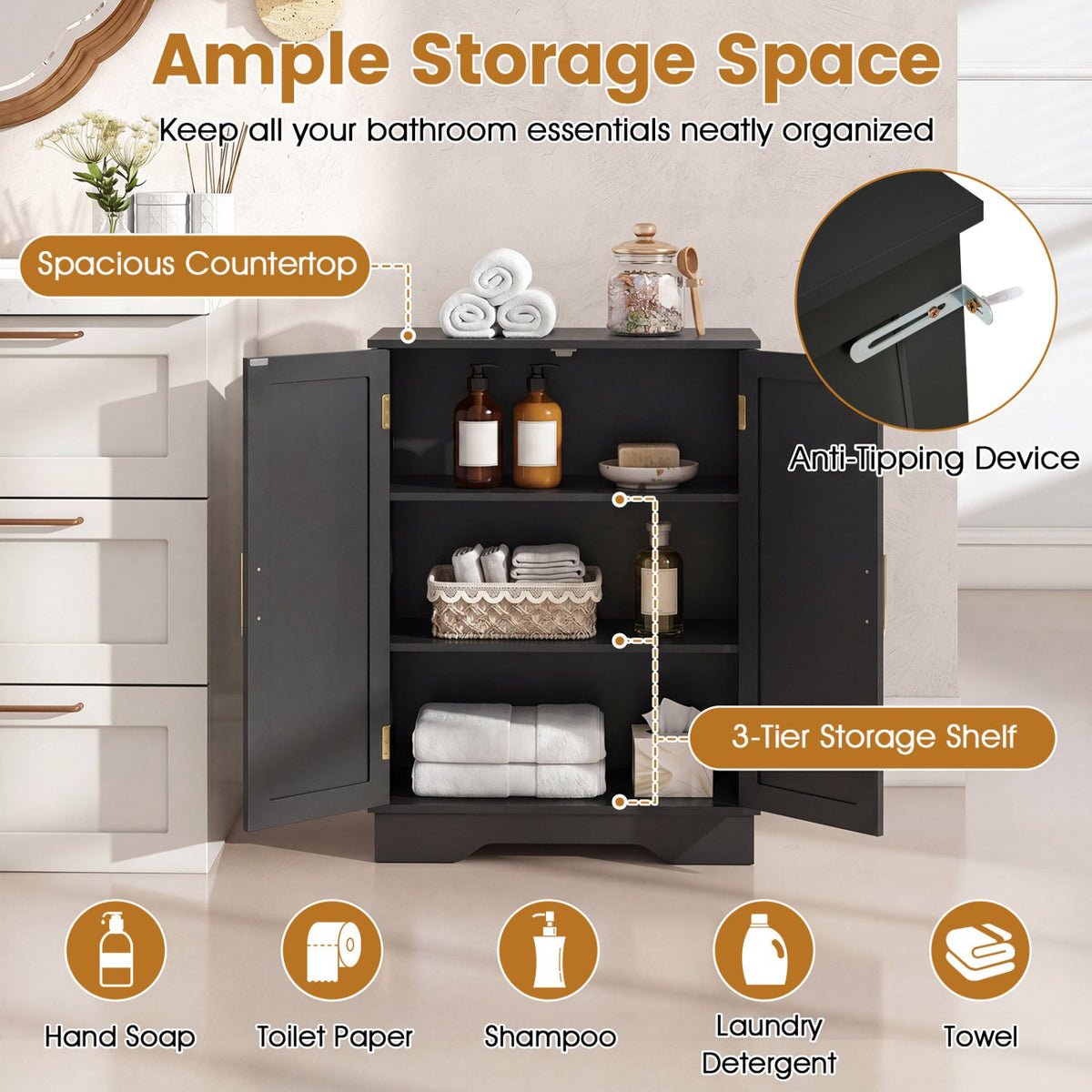 Bathroom Floor Storage Cabinet with 2 Doors and Adjustable Shelves-Black view 7
