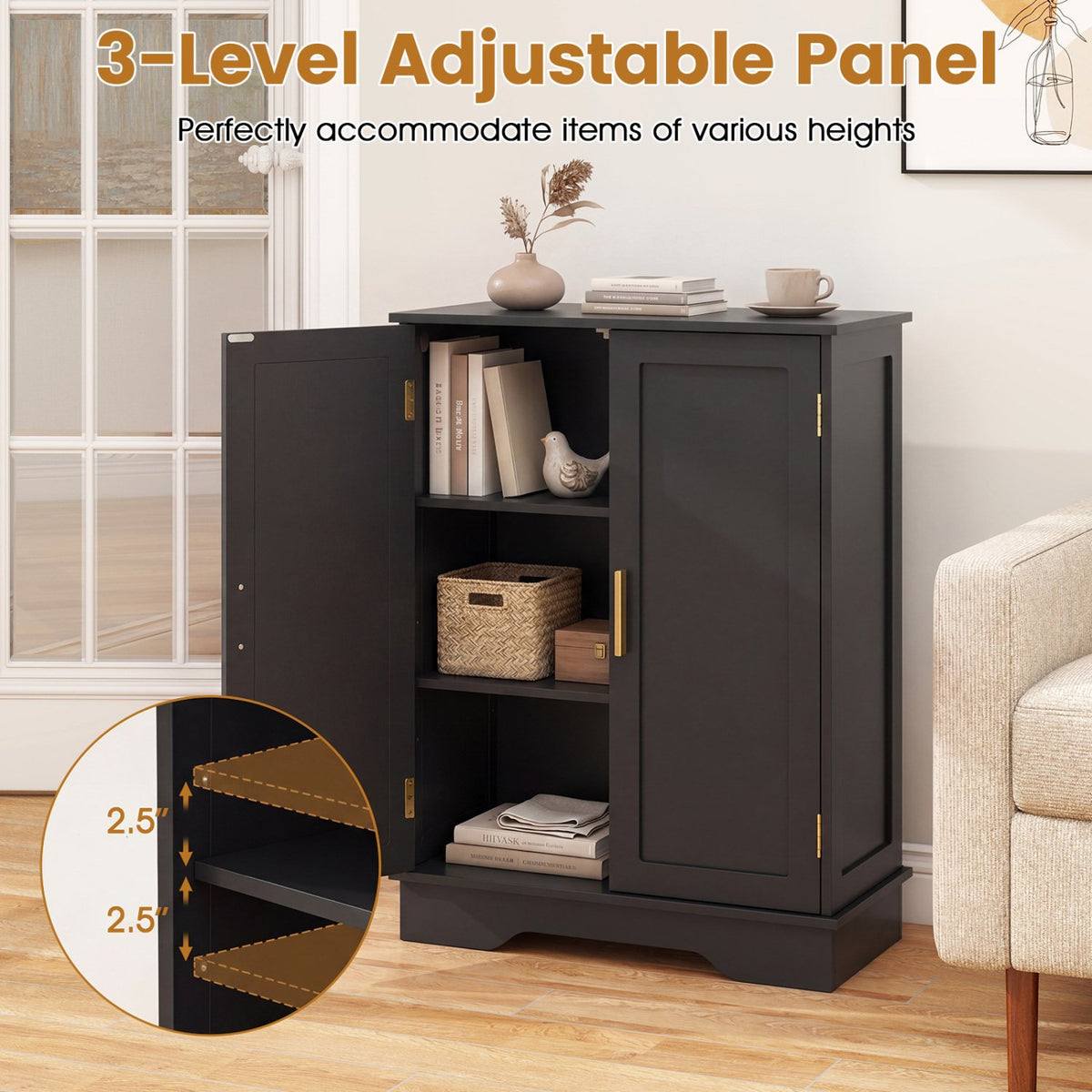 Bathroom Floor Storage Cabinet with 2 Doors and Adjustable Shelves-Black view 8