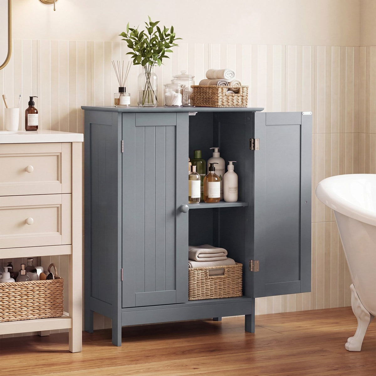 Bathroom Floor Storage Double Door Cupboard Cabinet-Gray view 2