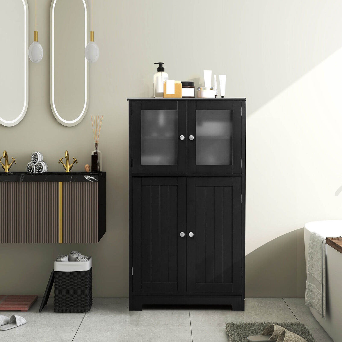 Bathroom Floor Storage Locker Kitchen Cabinet with Doors and Adjustable Shelf-Black view 3