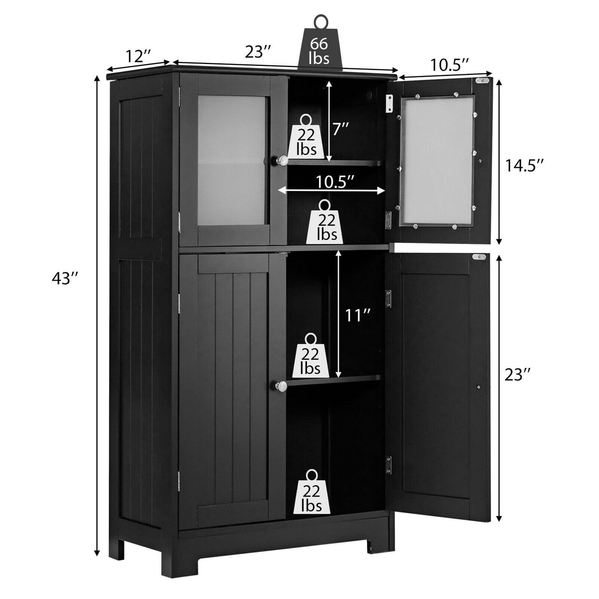 Bathroom Floor Storage Locker Kitchen Cabinet with Doors and Adjustable Shelf-Black view 4