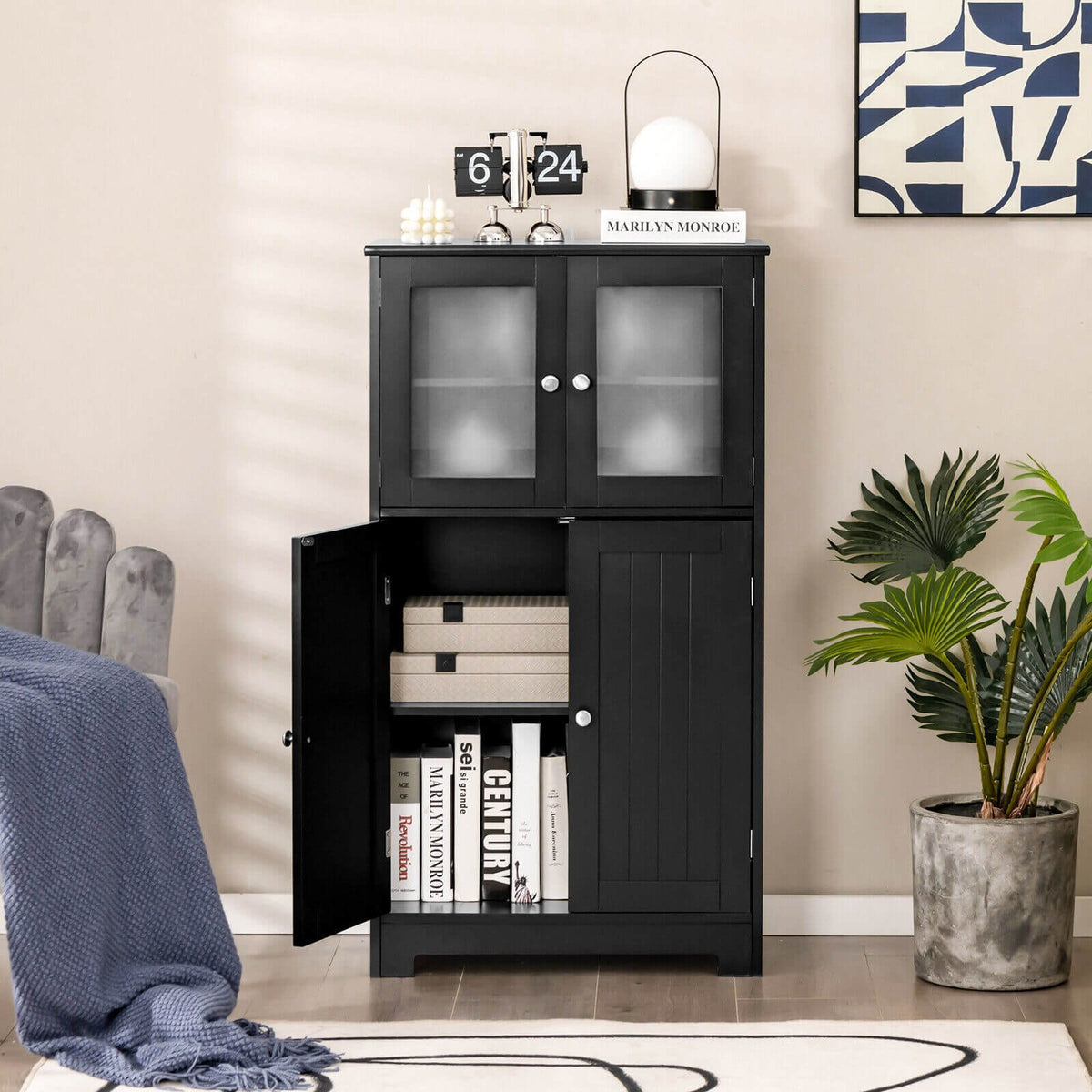 Bathroom Floor Storage Locker Kitchen Cabinet with Doors and Adjustable Shelf-Black view 5