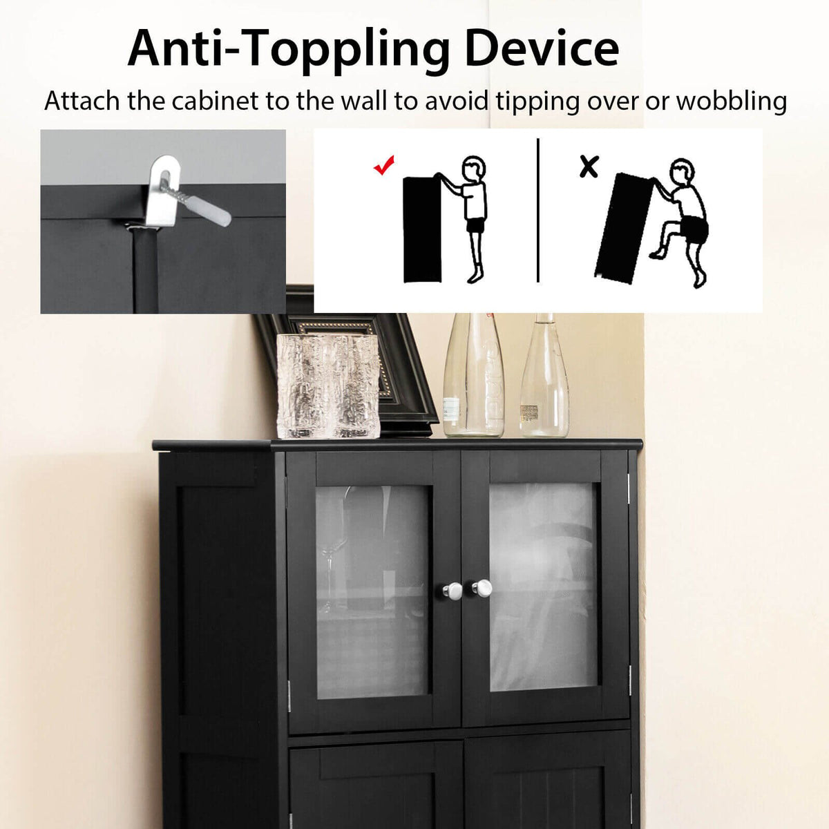 Bathroom Floor Storage Locker Kitchen Cabinet with Doors and Adjustable Shelf-Black view 8