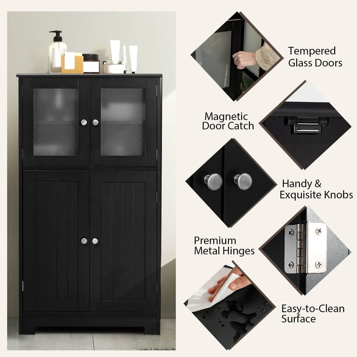 Bathroom Floor Storage Locker Kitchen Cabinet with Doors and Adjustable Shelf-Black view 9