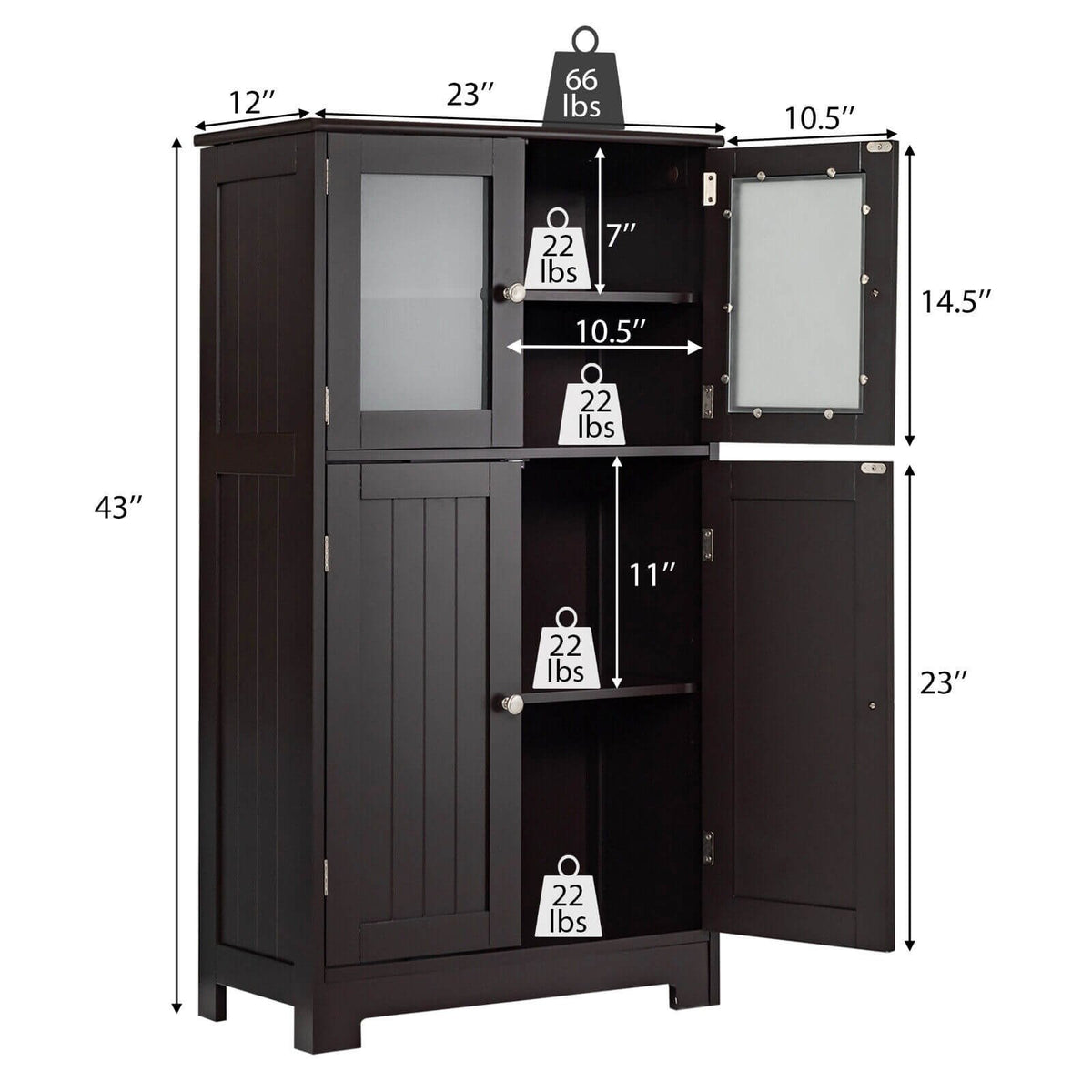Bathroom Floor Storage Locker Kitchen Cabinet with Doors and Adjustable Shelf-Brown view 4